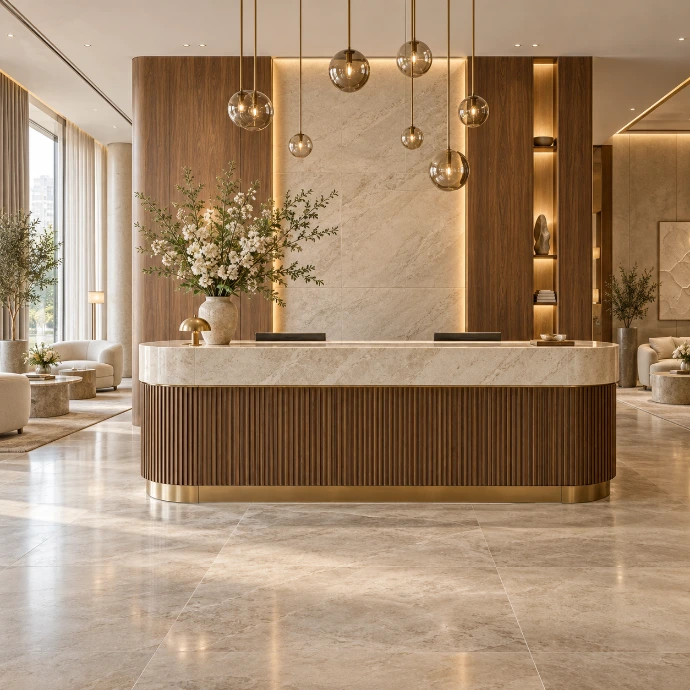 Hotelska recepcija s kamnitim pultom, leseno oblogo in visečimi svetili.